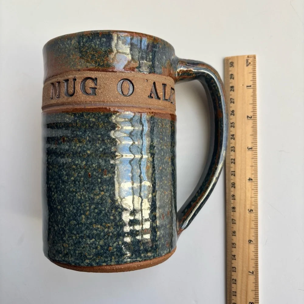 Handcrafted Large Mug-O-Ale Rustic Ceramic Blue Brown Beer Mug Textured‎ Design